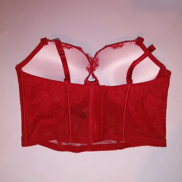 Victoria Secret Bra Push Up Red Silver Shine Strap Logo Lace Long Line Very Sexy Bras